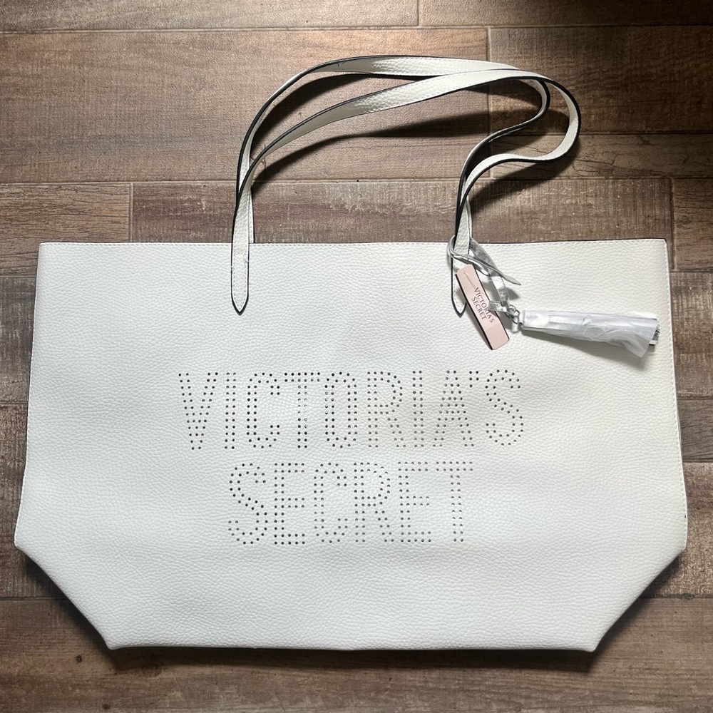 Victoria's Secret White Perforated Logo Faux Leather Tote Bag